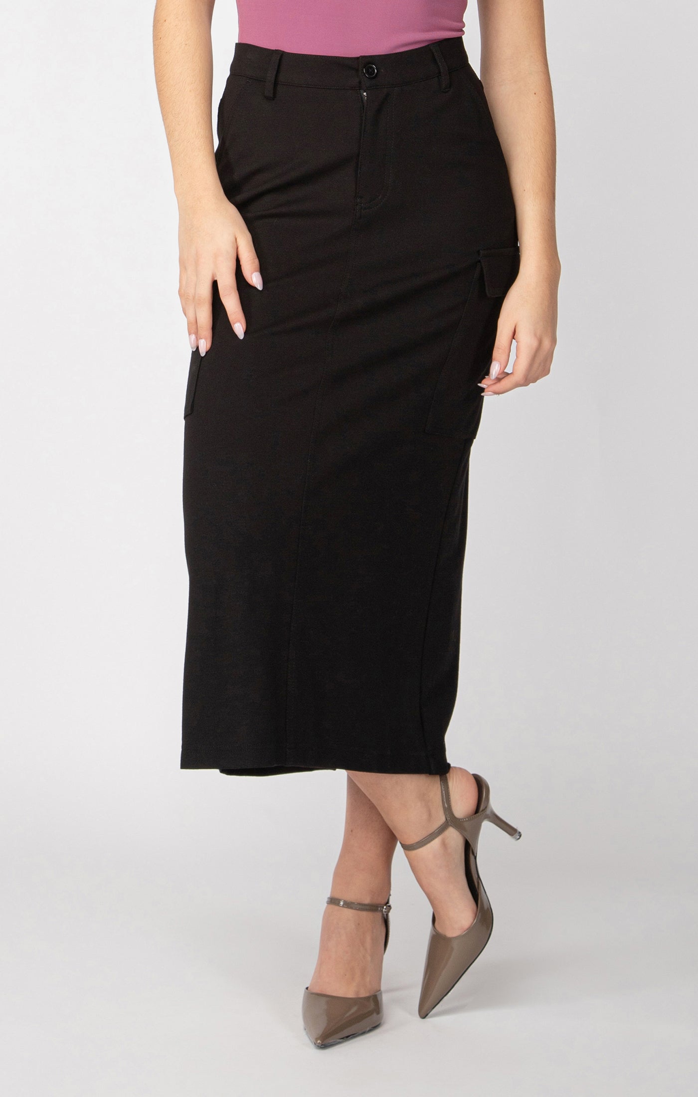 Black Ponte Knit Cargo Skirt