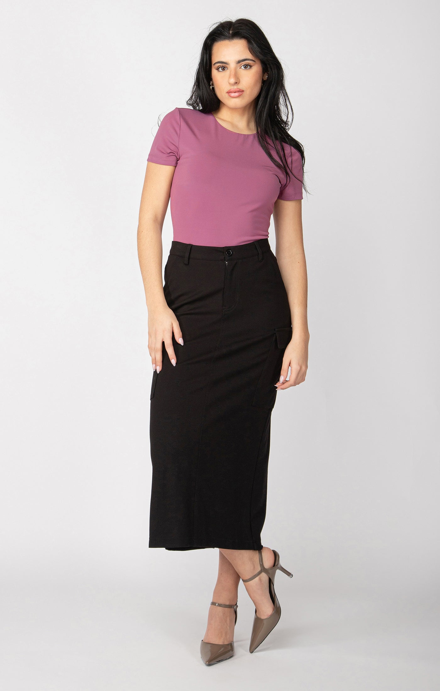 Black Ponte Knit Cargo Skirt