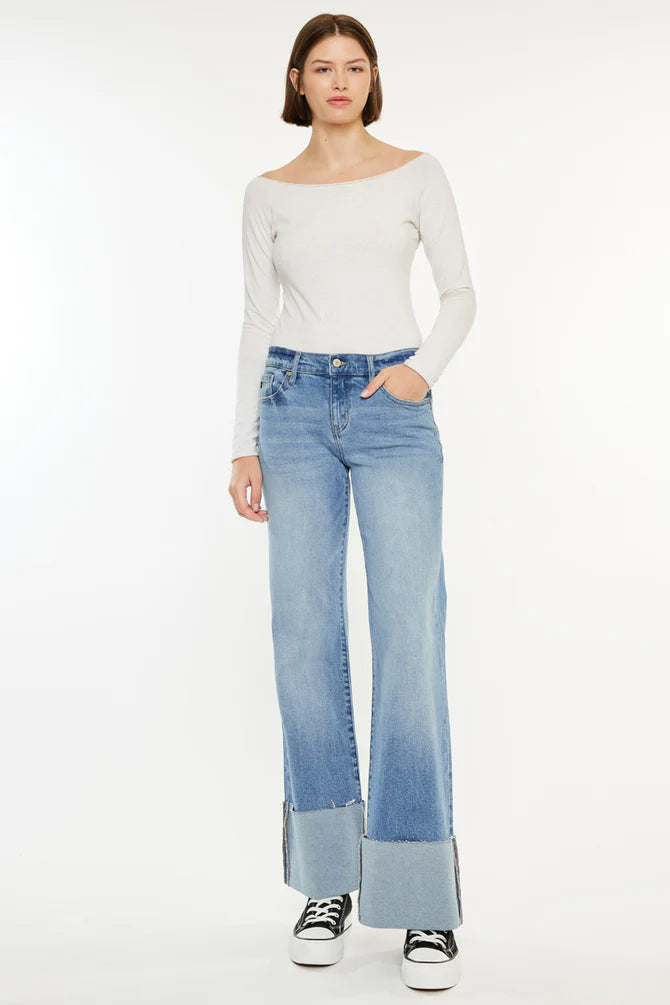 Mid Rise Flare Cuffed Denim