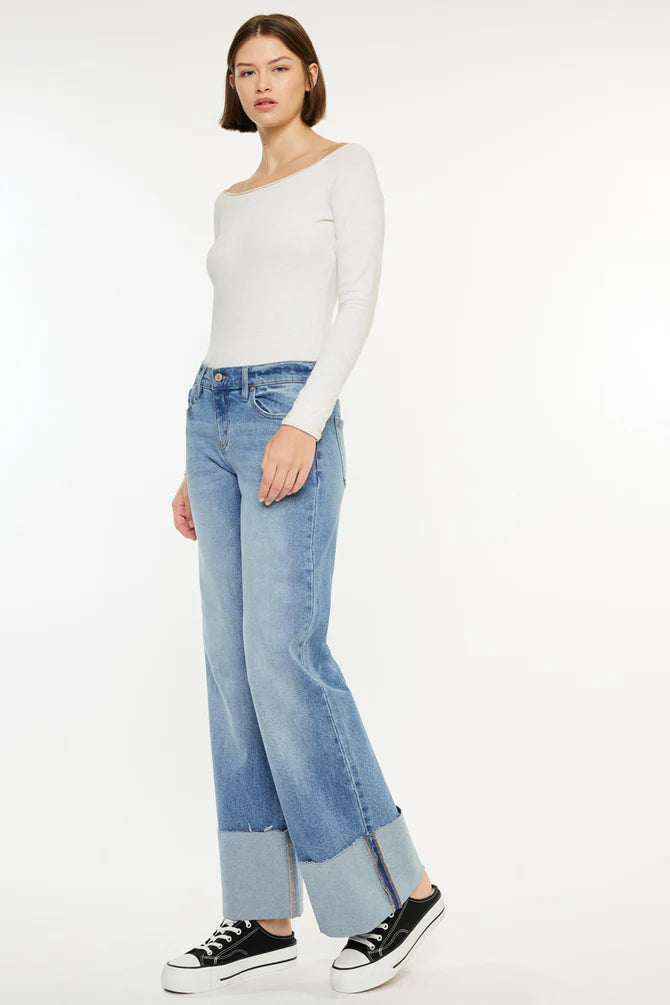 Mid Rise Flare Cuffed Denim