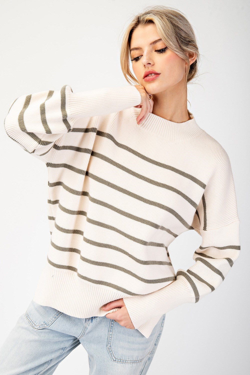 Striped Sweater Slit Hem